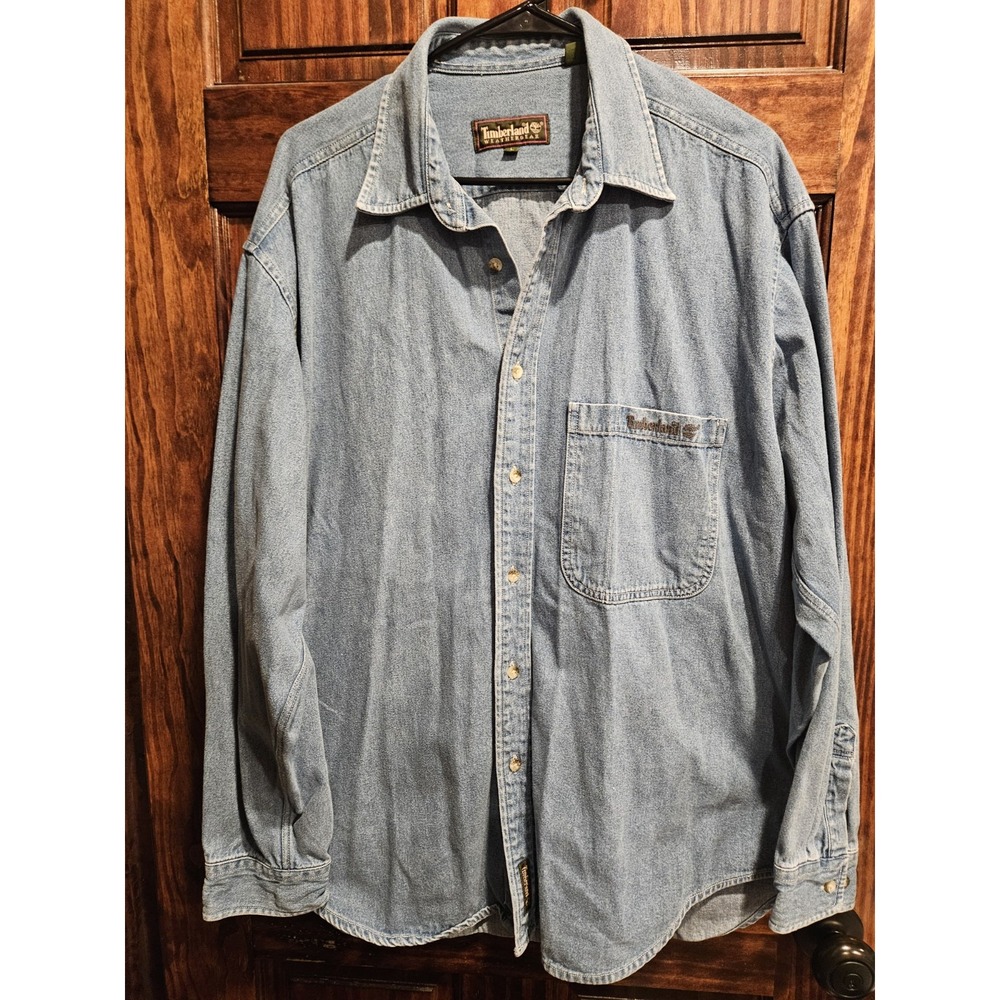Timberland Weathergear Denim Jean Long Sleeve Shirt Mens Large Blue Button Up L